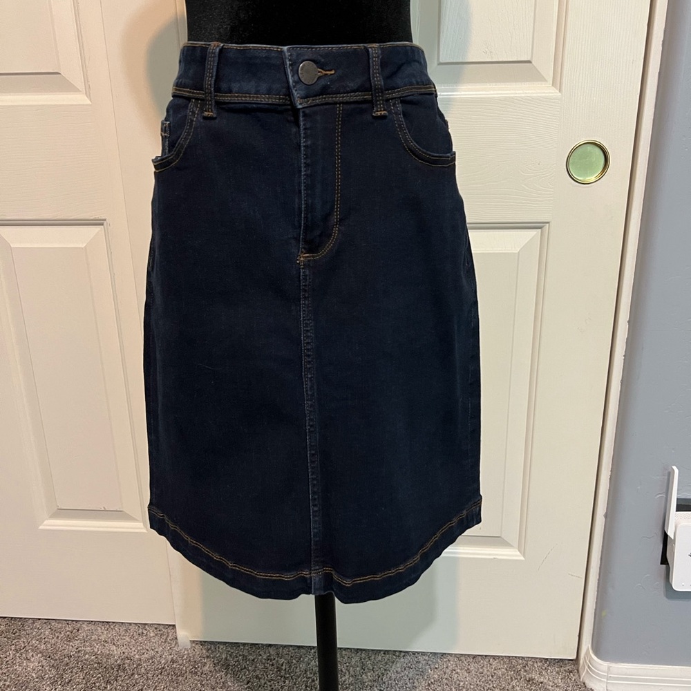 Dark Wash Denim Skirt– Classic Straight Knee Length Jean Skirt